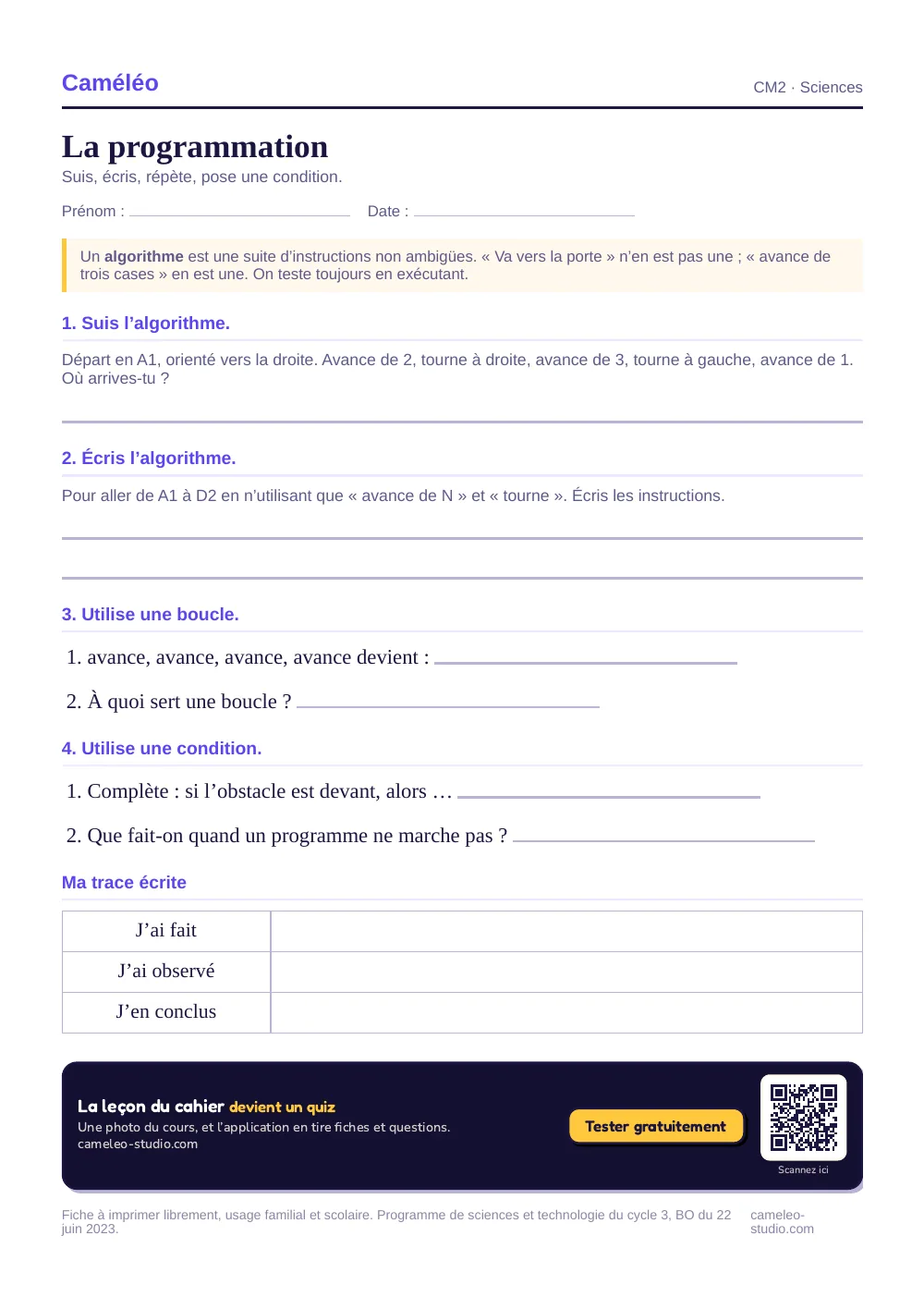 Exercices à imprimer : La programmation au CM2