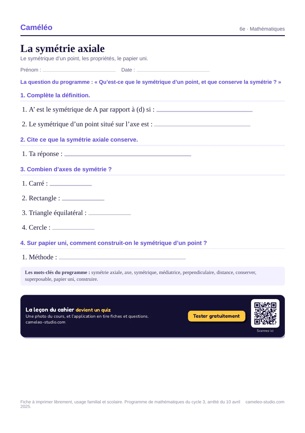 Exercices à imprimer : La symétrie axiale, 6e