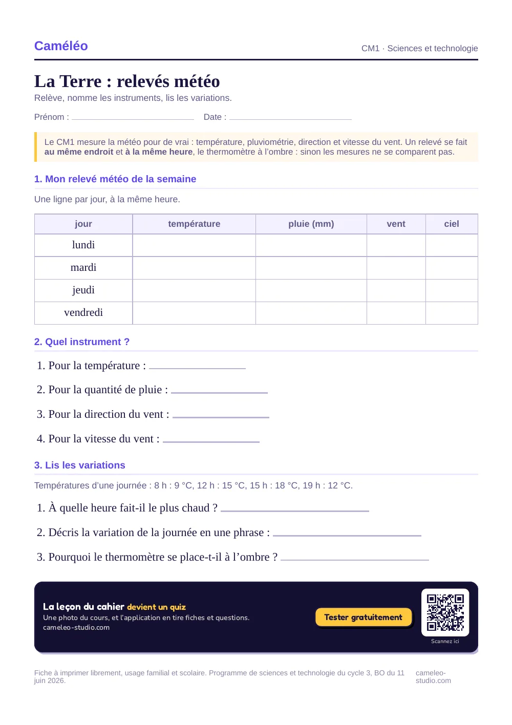 Exercices à imprimer : La Terre : relevés météo, CM1