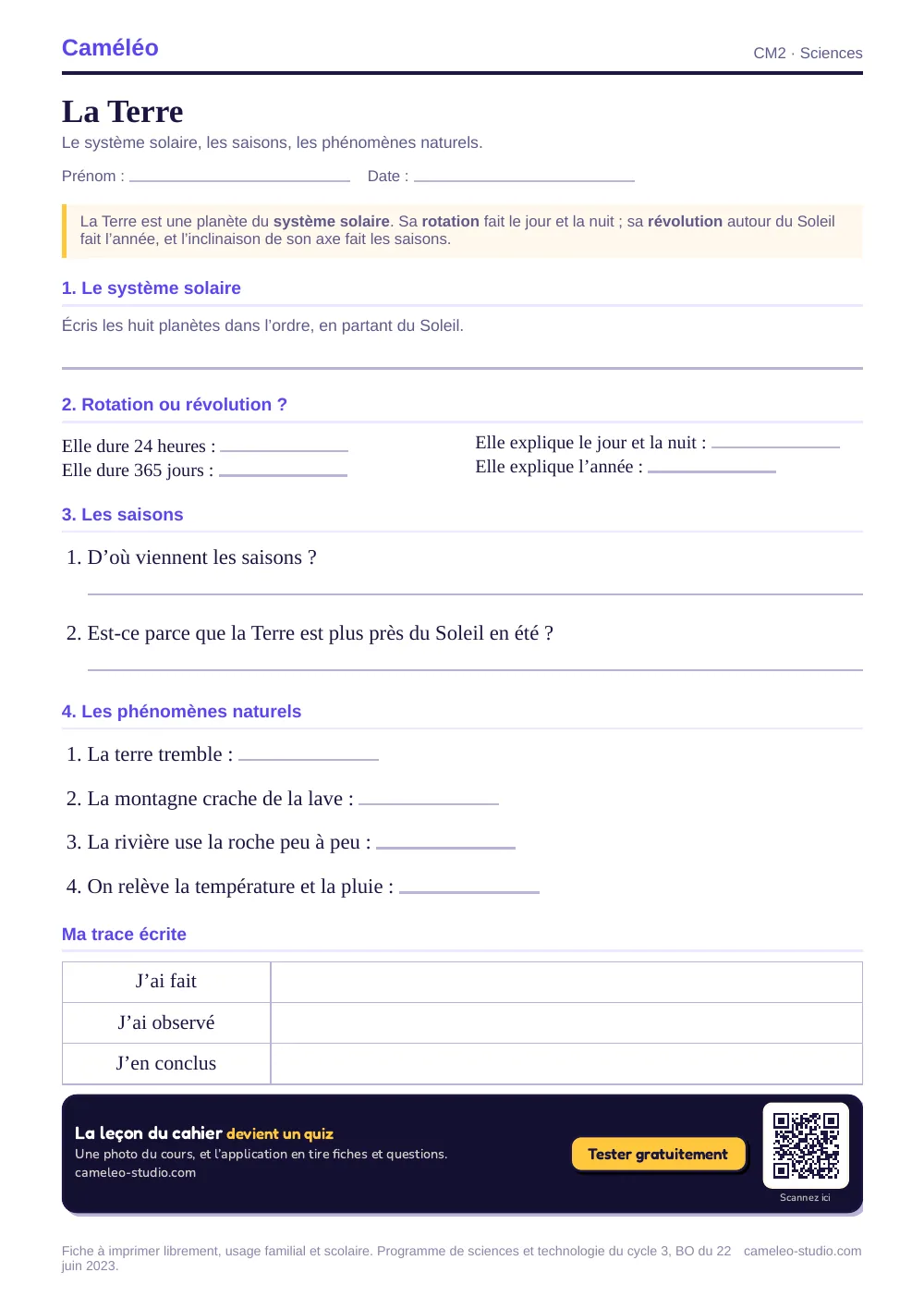Exercices à imprimer : La Terre au CM2