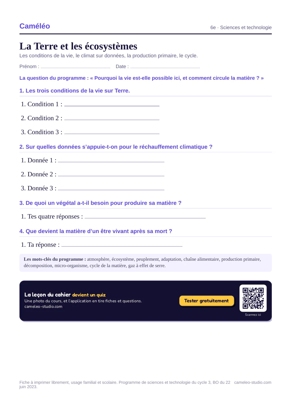 Exercices à imprimer : La Terre et les écosystèmes, 6e