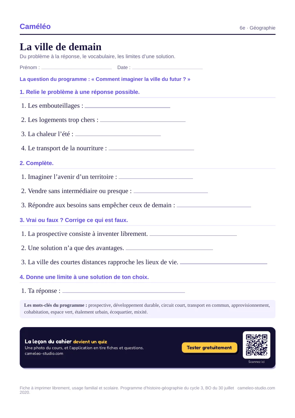 Exercices à imprimer : La ville de demain, 6e