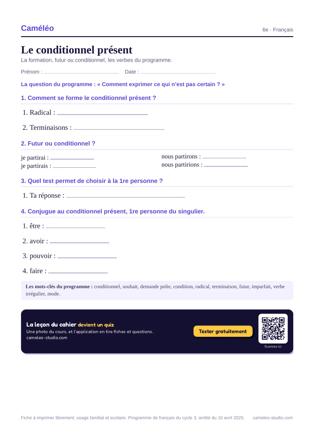 Exercices à imprimer : Le conditionnel présent, 6e