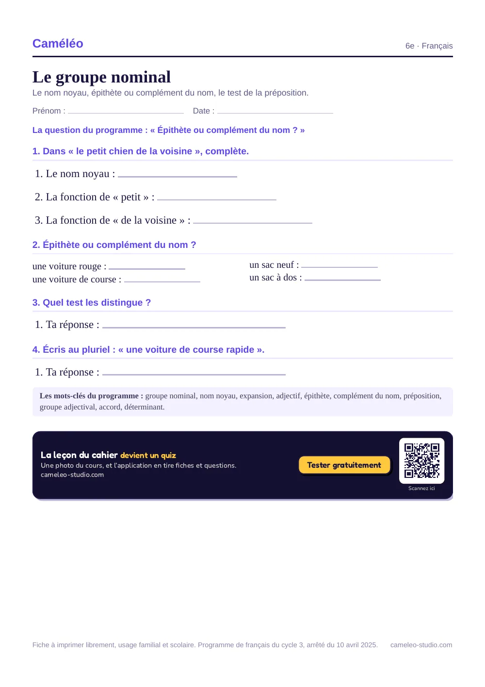 Exercices à imprimer : Le groupe nominal, 6e