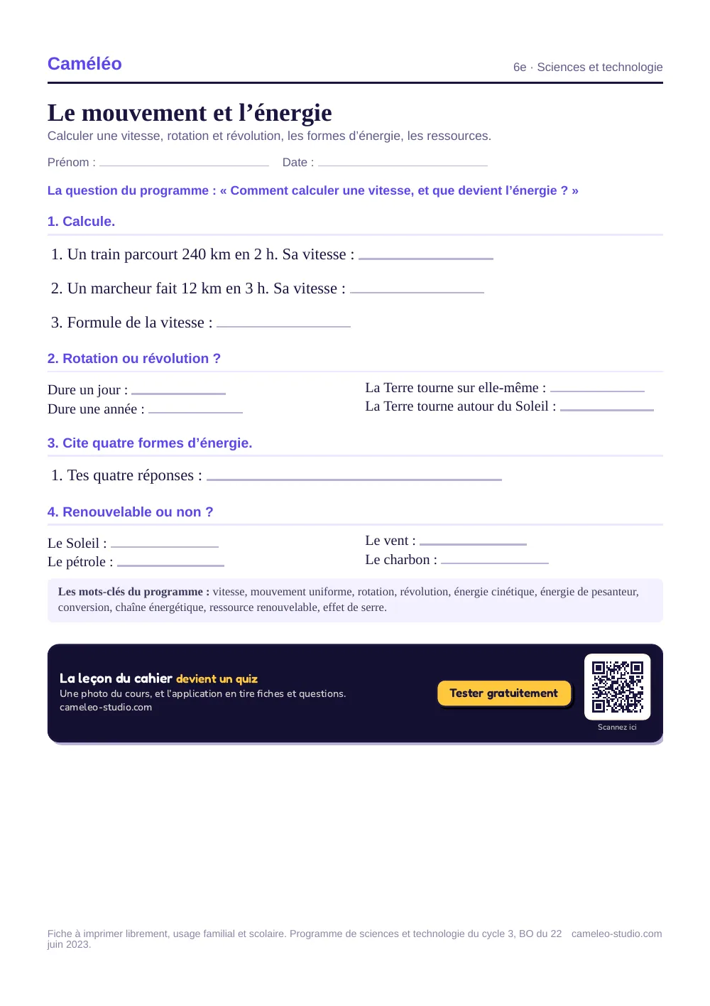 Exercices à imprimer : Le mouvement et l’énergie, 6e