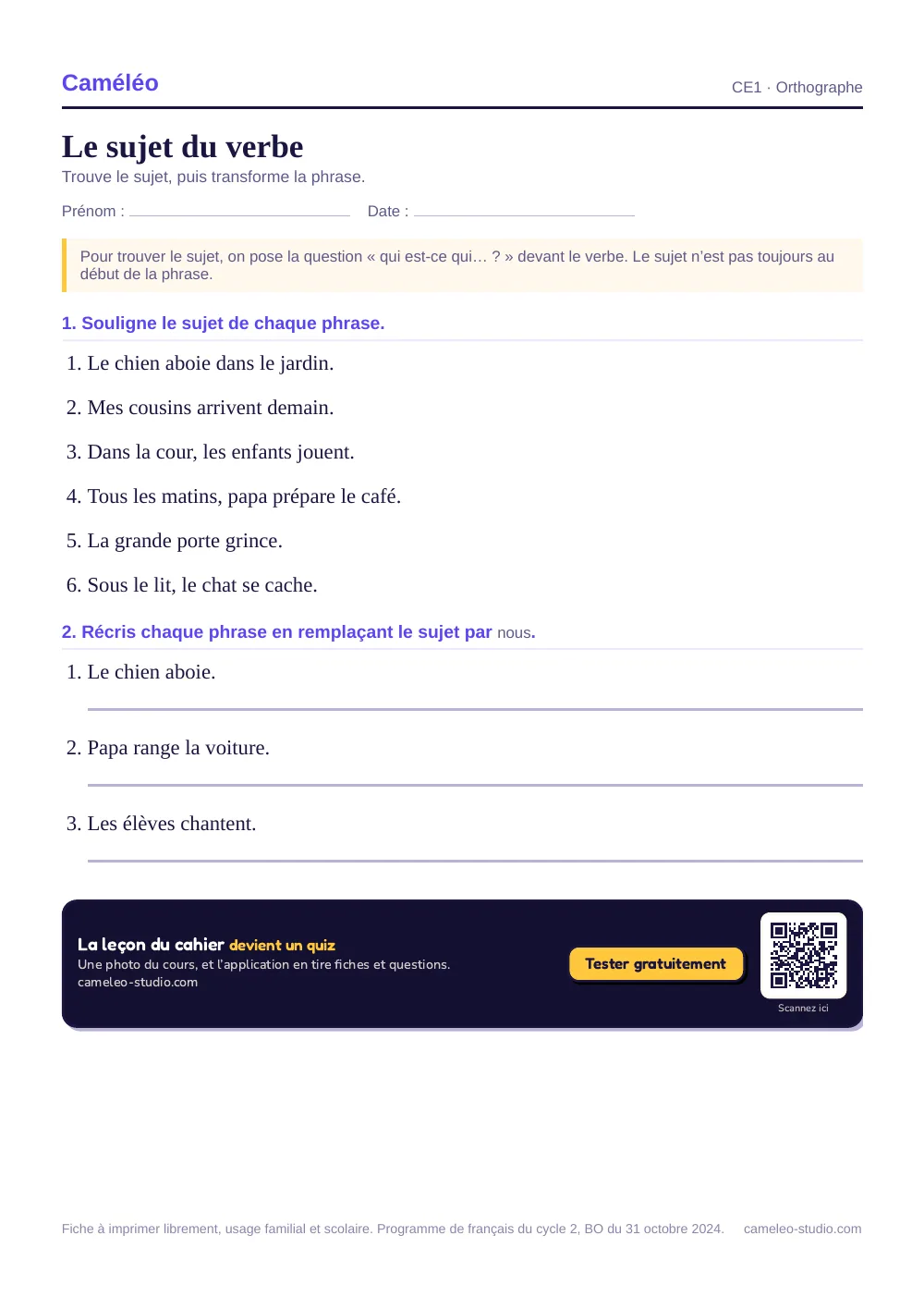 Exercices à imprimer : Le sujet du verbe au CE1