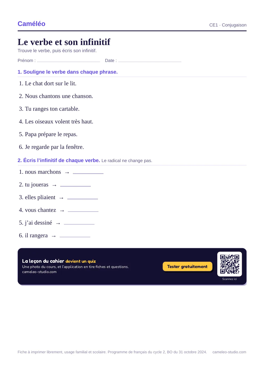 Exercices à imprimer : Le verbe et son infinitif, CE1