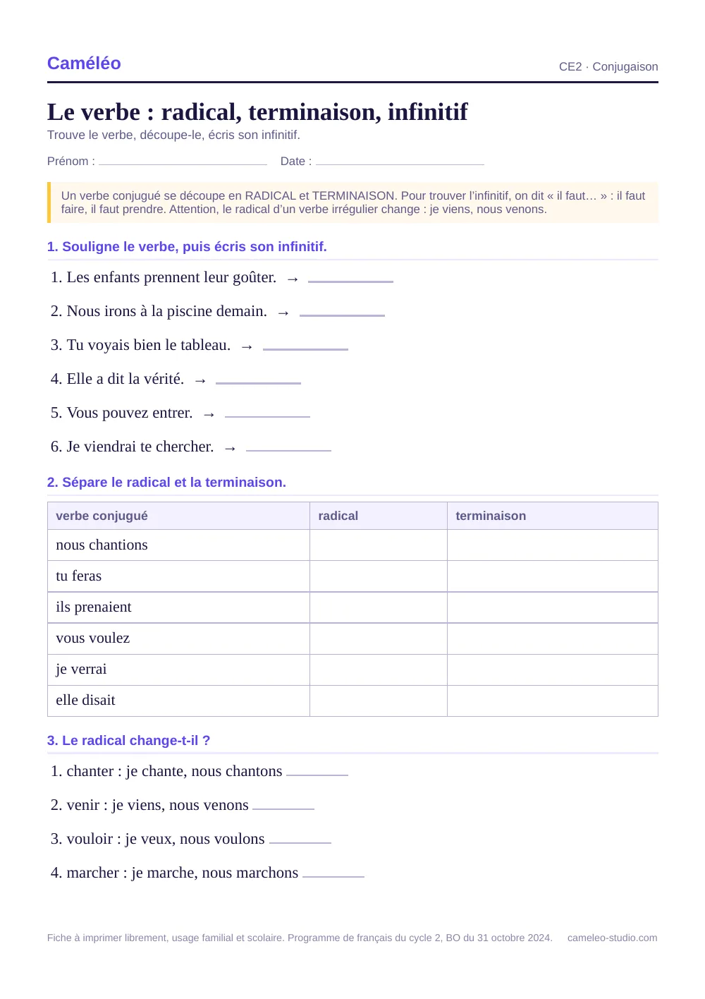 Exercices à imprimer : Le verbe : radical, terminaison, infinitif, CE2