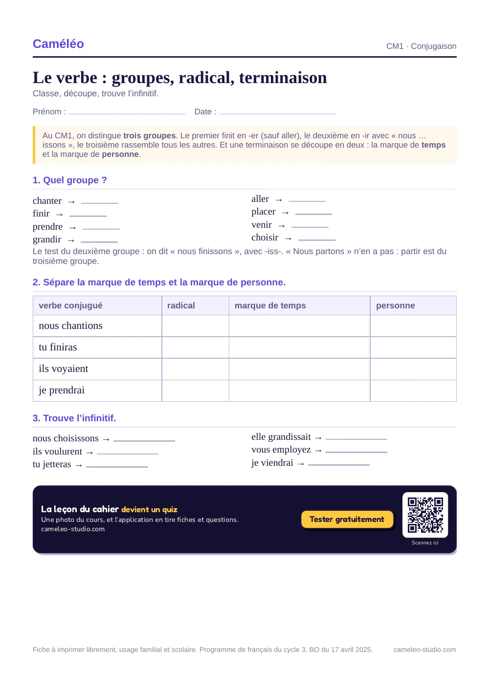 Exercices à imprimer : Le verbe : groupes, radical, terminaison, CM1