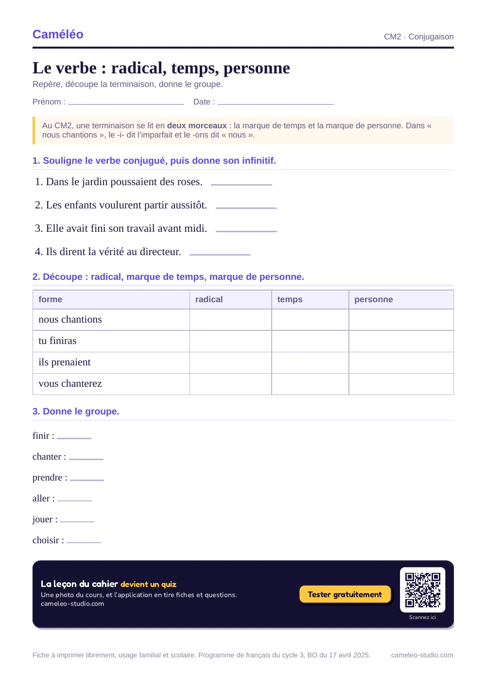 Exercices à imprimer : Le verbe au CM2