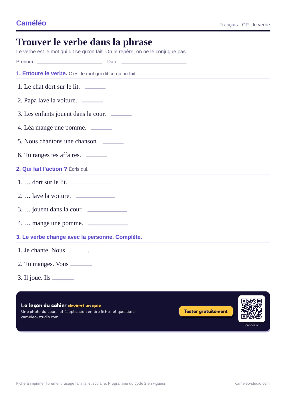 Exercices à imprimer : Trouver le verbe dans la phrase, CP