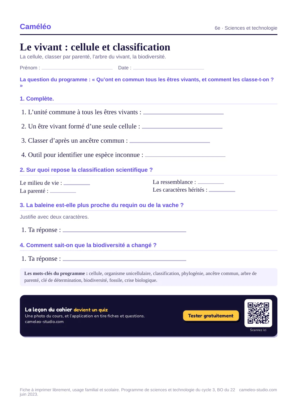 Exercices à imprimer : Le vivant : cellule et classification, 6e