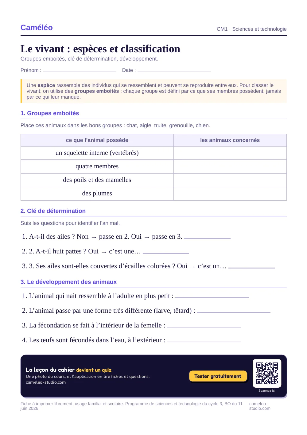 Exercices à imprimer : Le vivant : espèces et classification, CM1