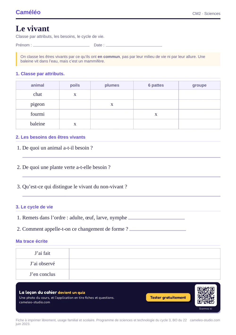 Exercices à imprimer : Le vivant au CM2