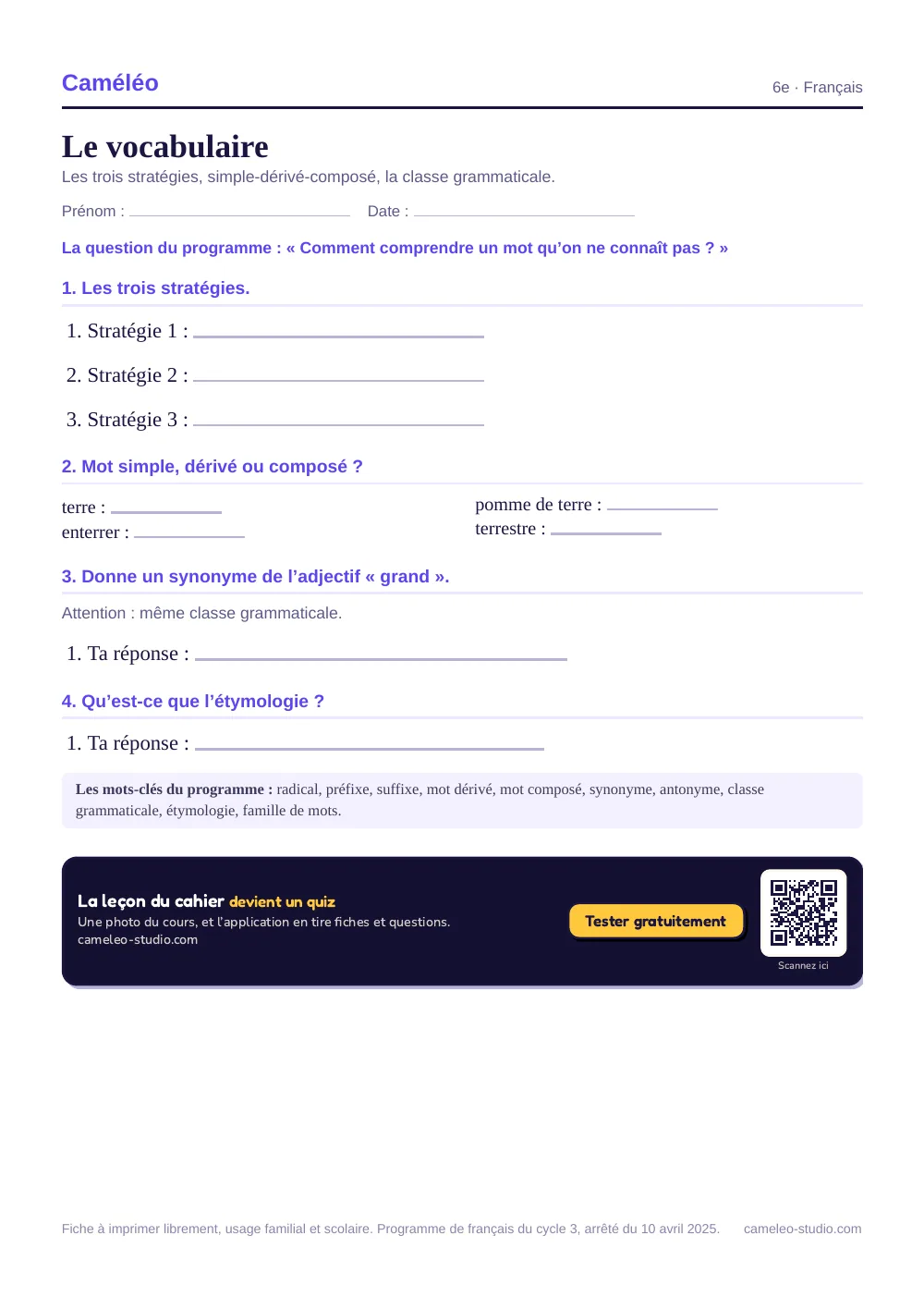 Exercices à imprimer : Le vocabulaire, 6e