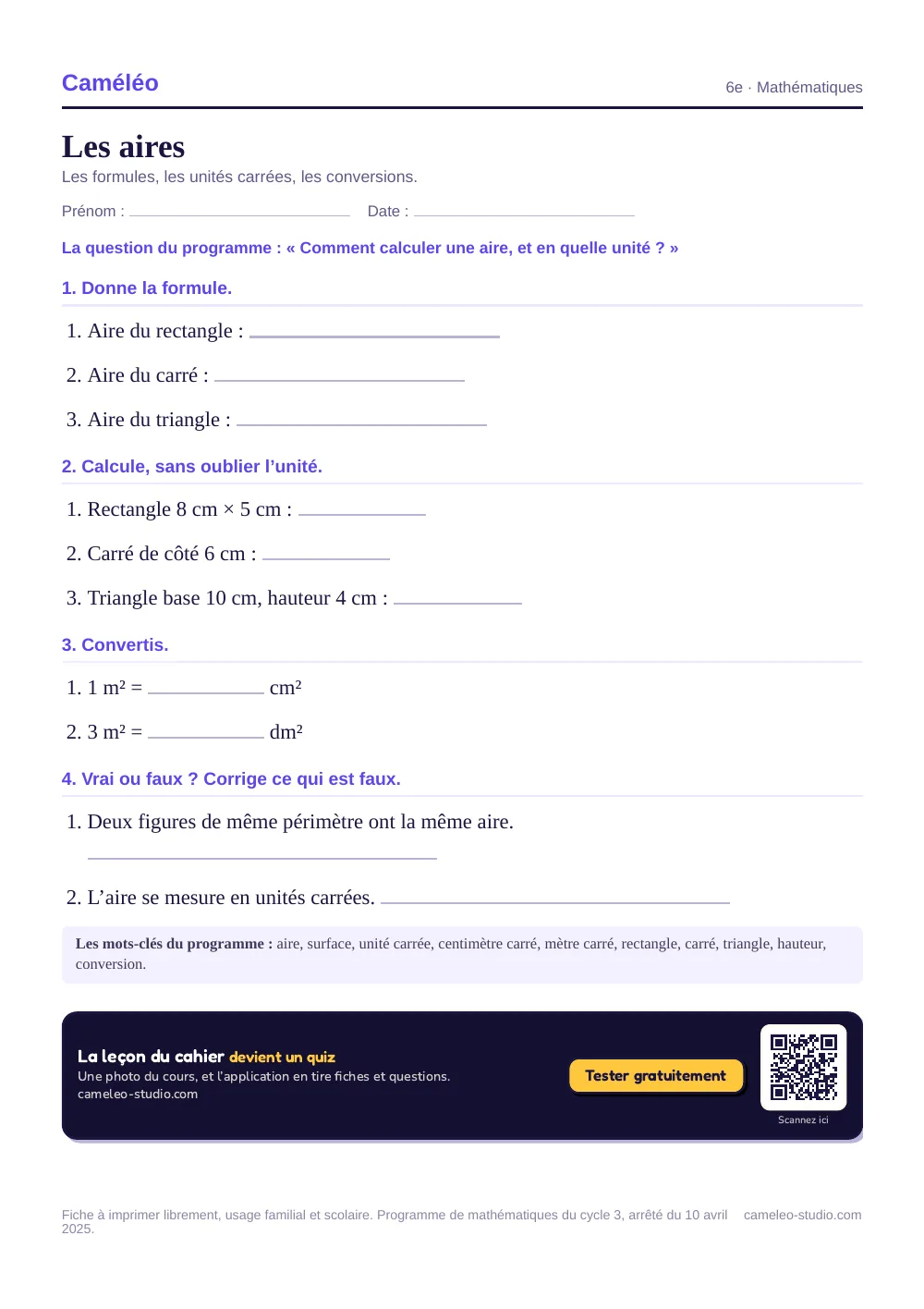 Exercices à imprimer : Les aires, 6e