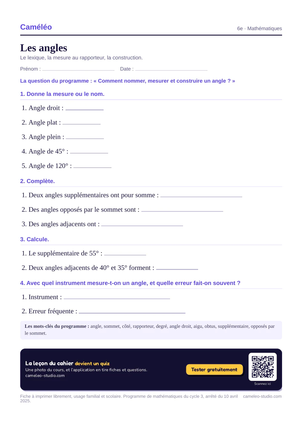 Exercices à imprimer : Les angles, 6e