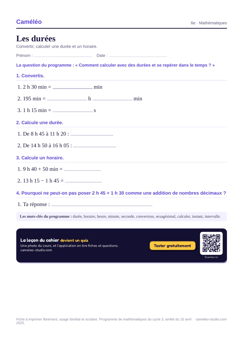 Exercices à imprimer : Les durées, 6e