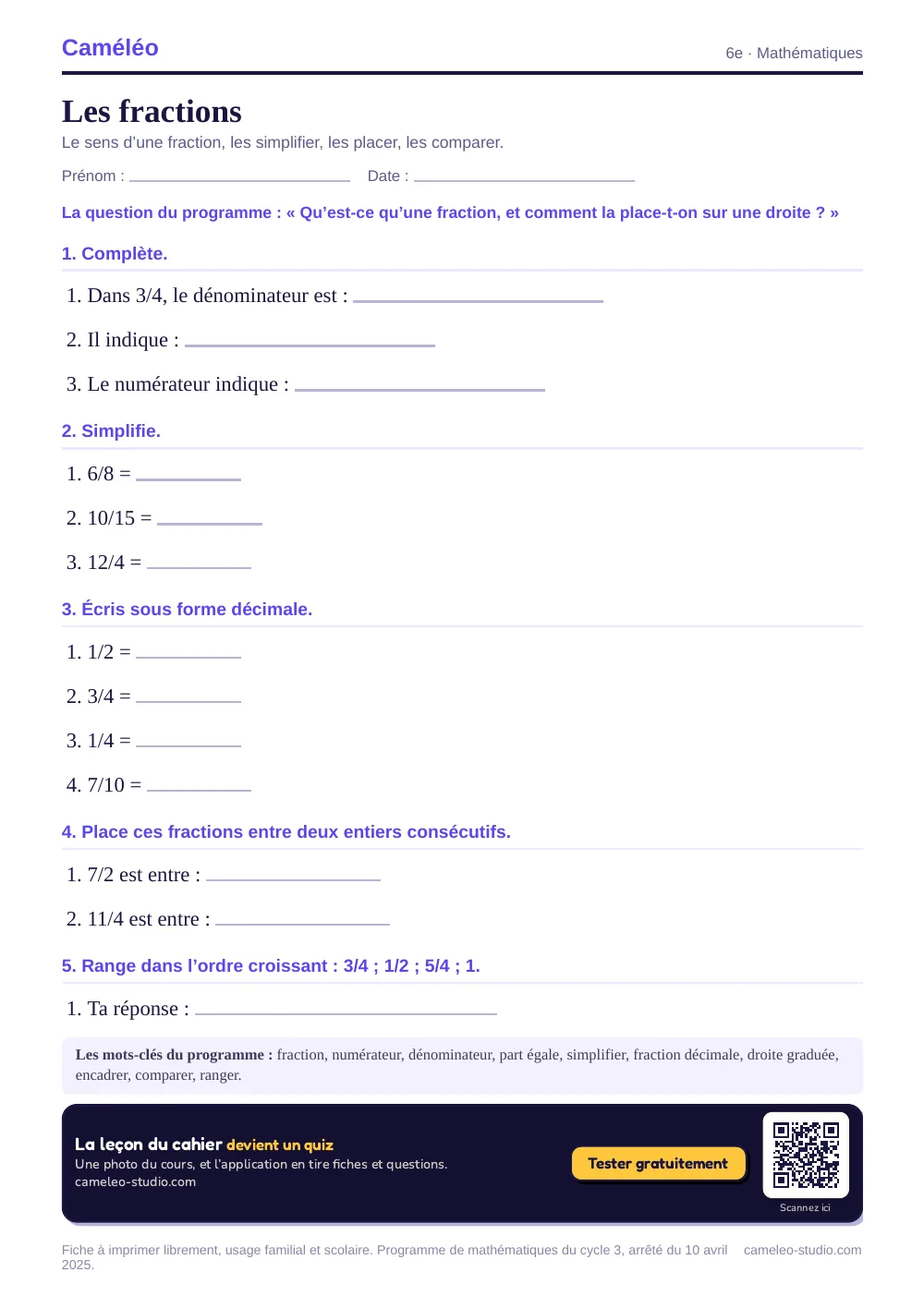 Exercices à imprimer : Les fractions, 6e