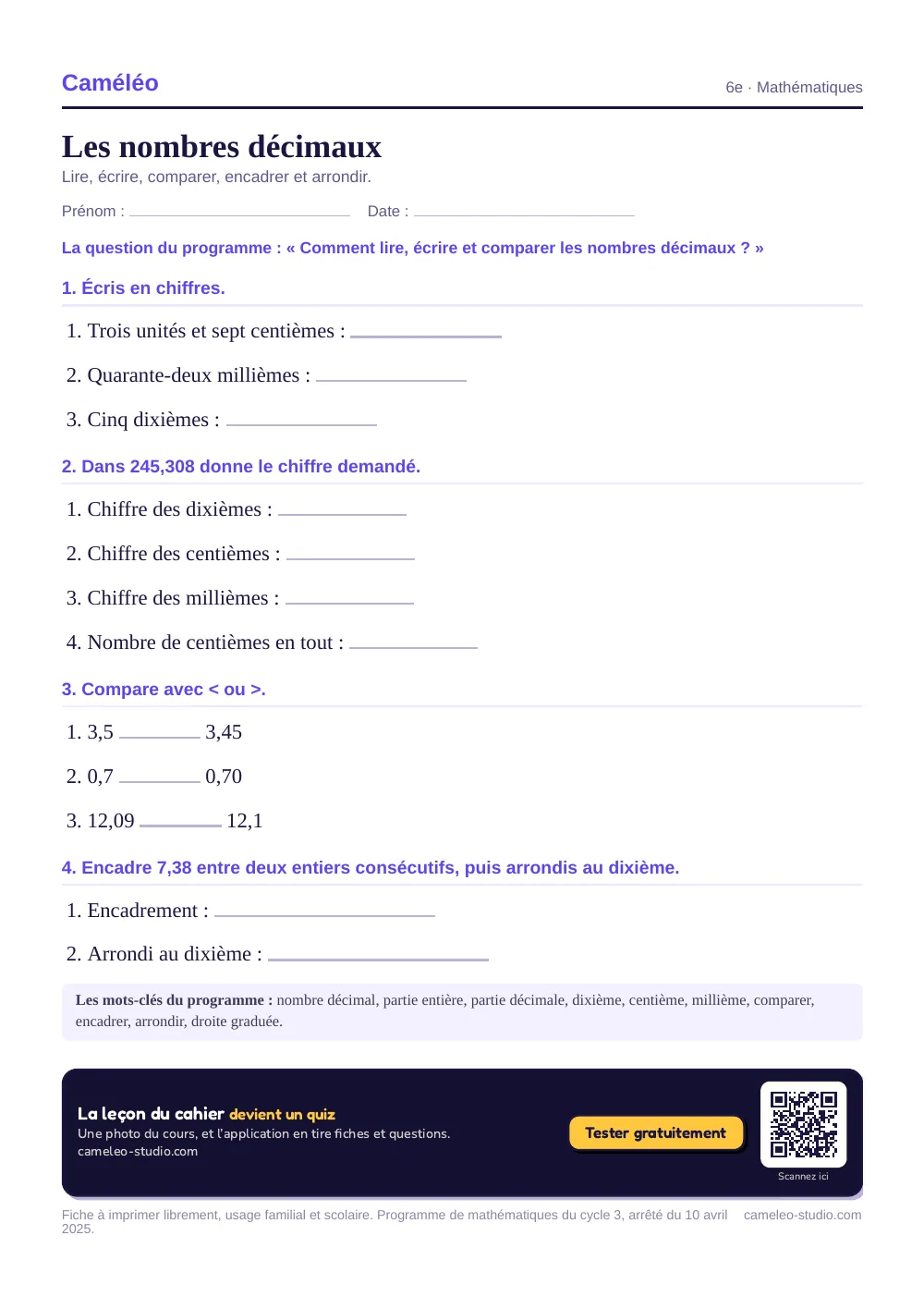 Exercices à imprimer : Les nombres décimaux, 6e