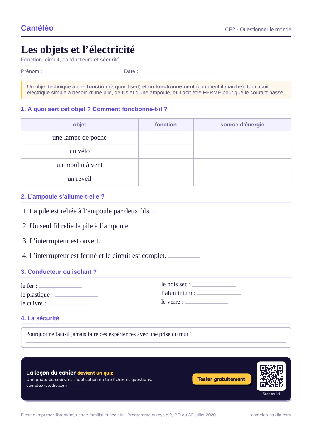 Exercices à imprimer : Les objets et l’électricité, CE2