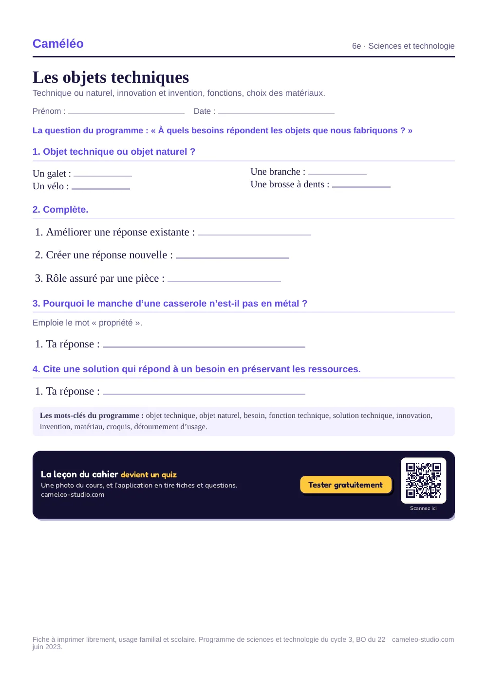 Exercices à imprimer : Les objets techniques, 6e