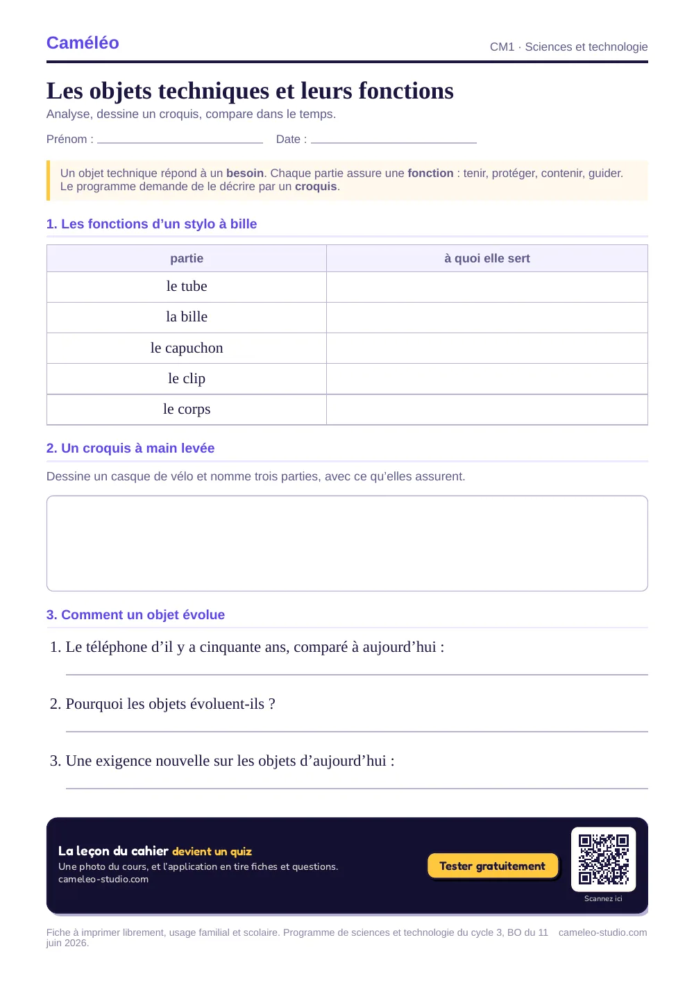 Exercices à imprimer : Les objets techniques et leurs fonctions, CM1