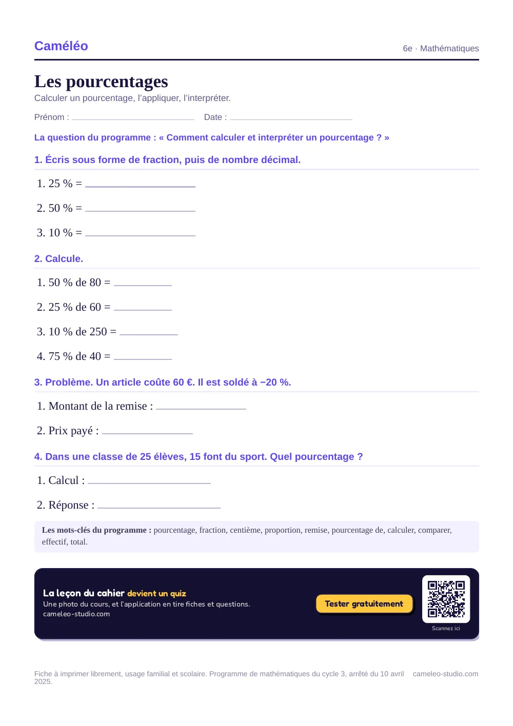 Exercices à imprimer : Les pourcentages, 6e