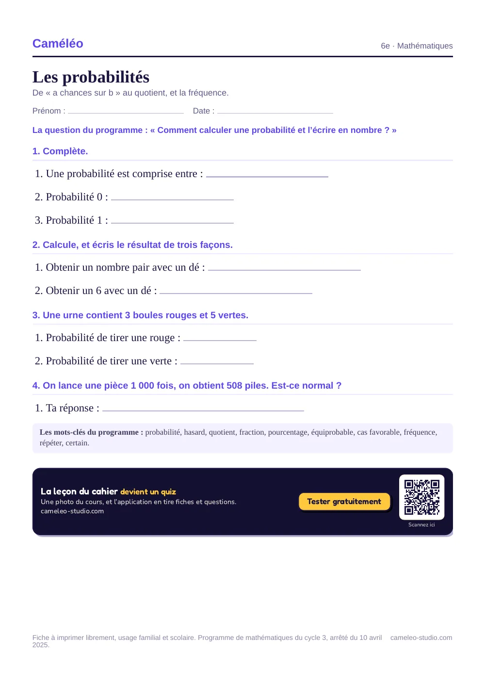 Exercices à imprimer : Les probabilités, 6e
