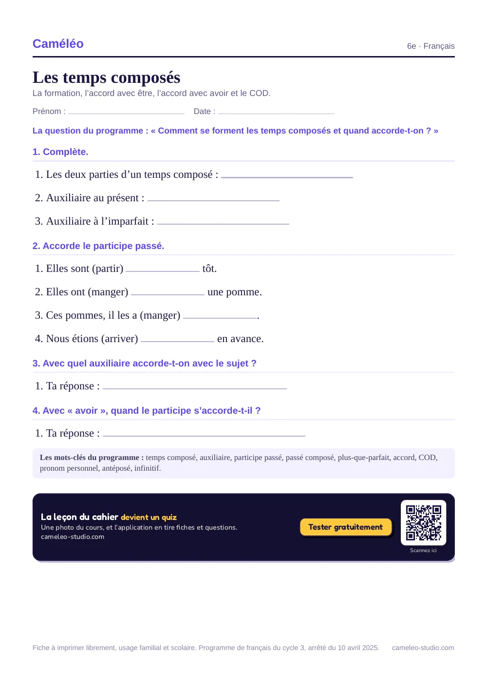 Exercices à imprimer : Les temps composés, 6e