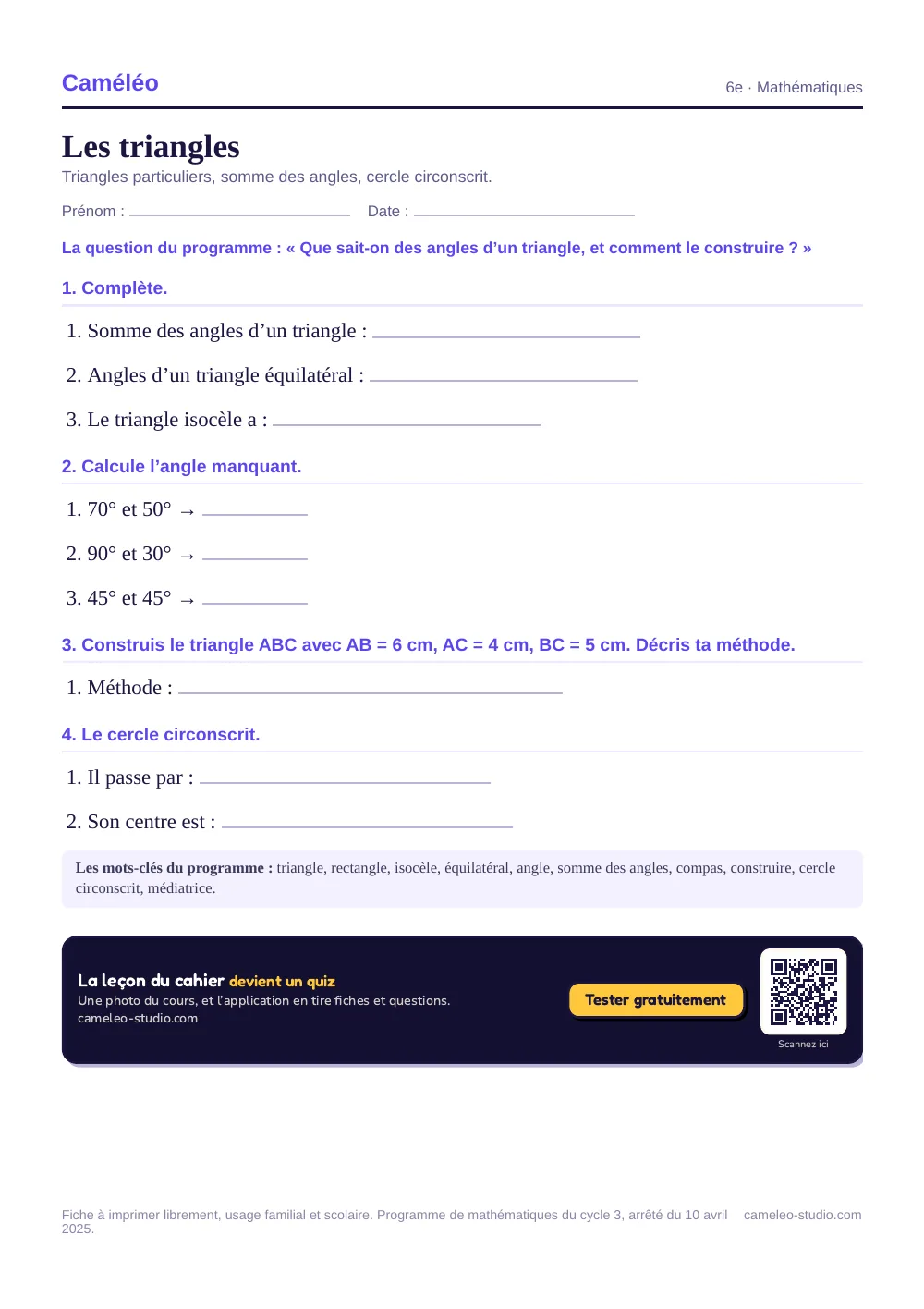 Exercices à imprimer : Les triangles, 6e