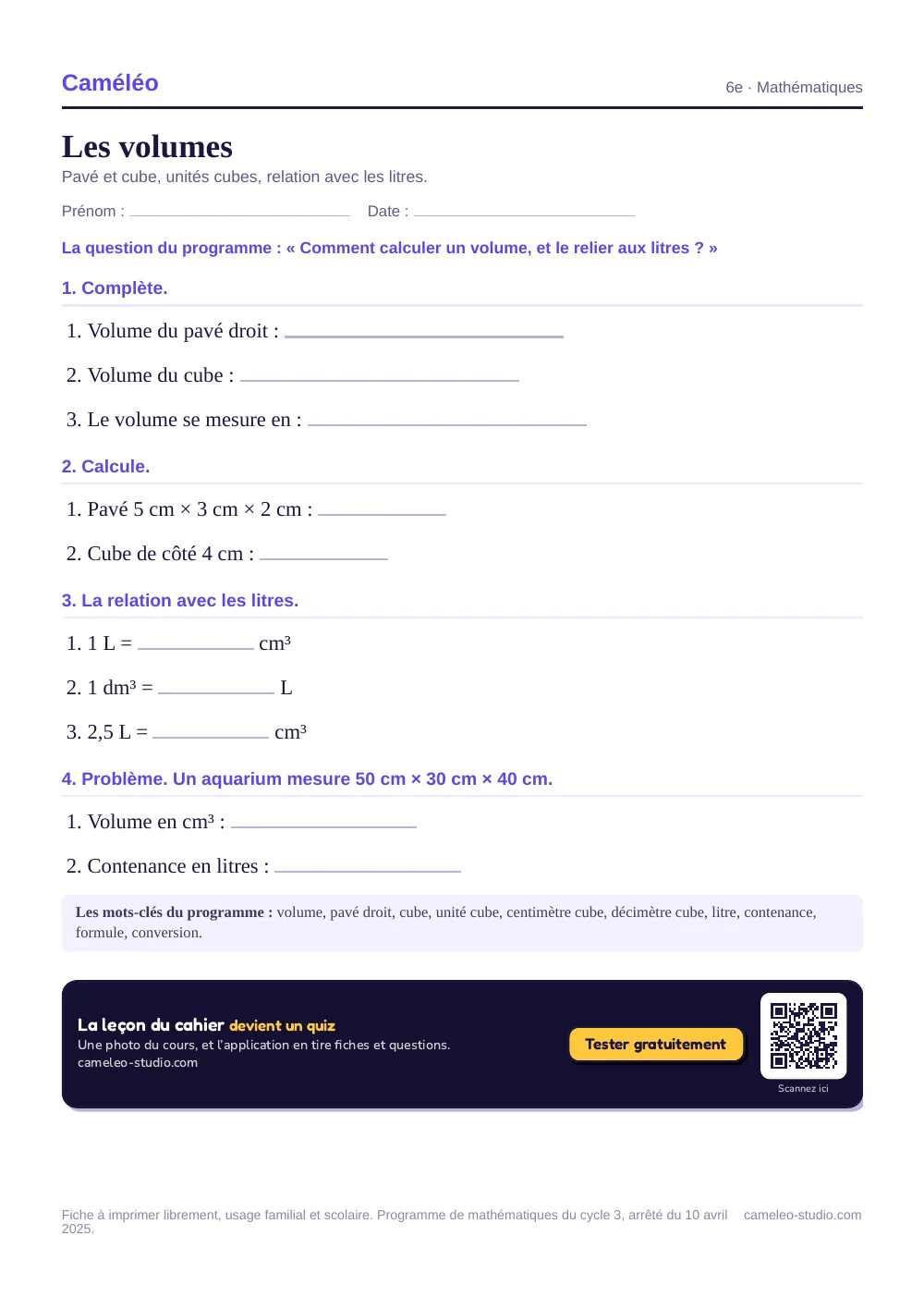 Exercices à imprimer : Les volumes, 6e