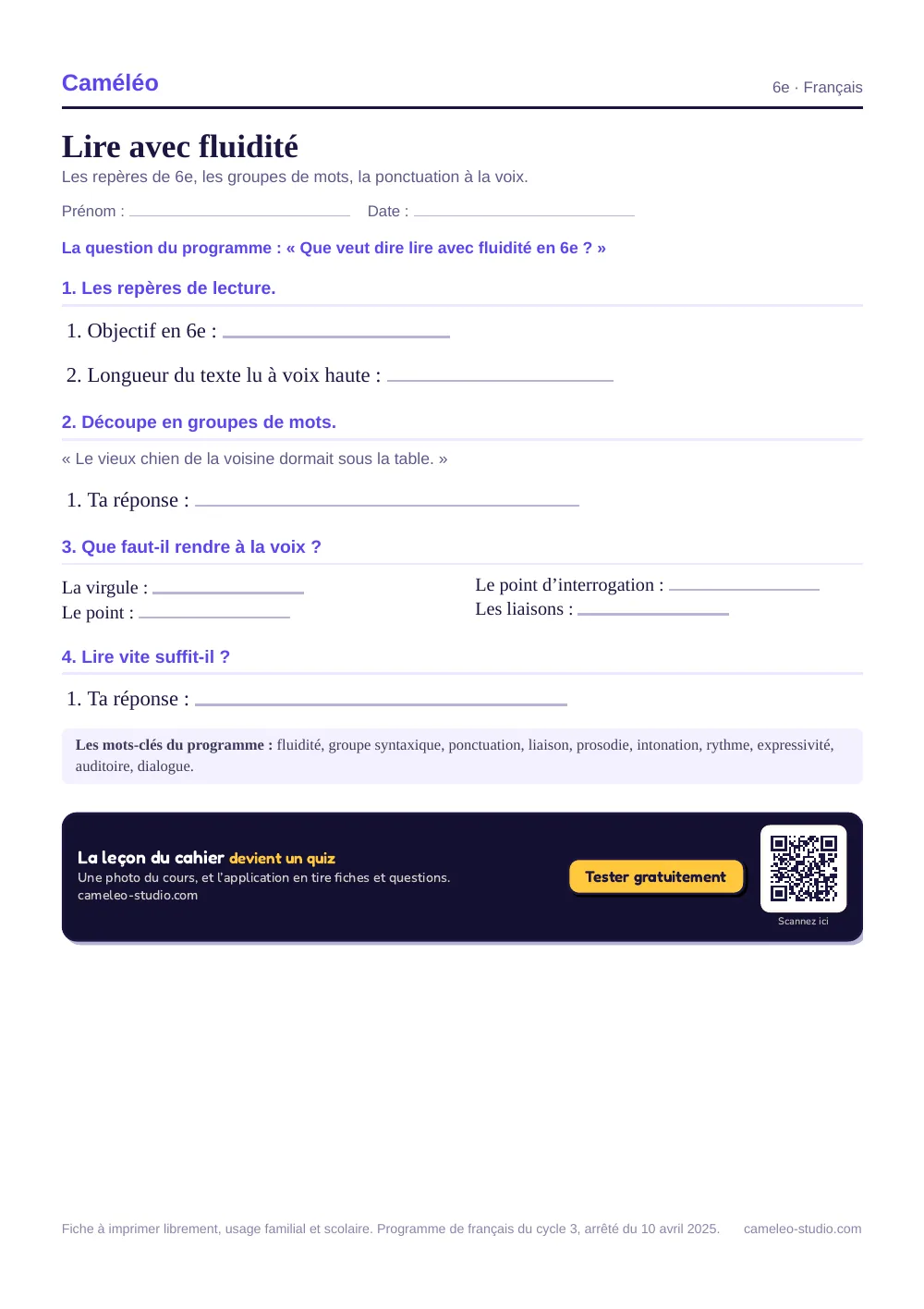 Exercices à imprimer : Lire avec fluidité, 6e