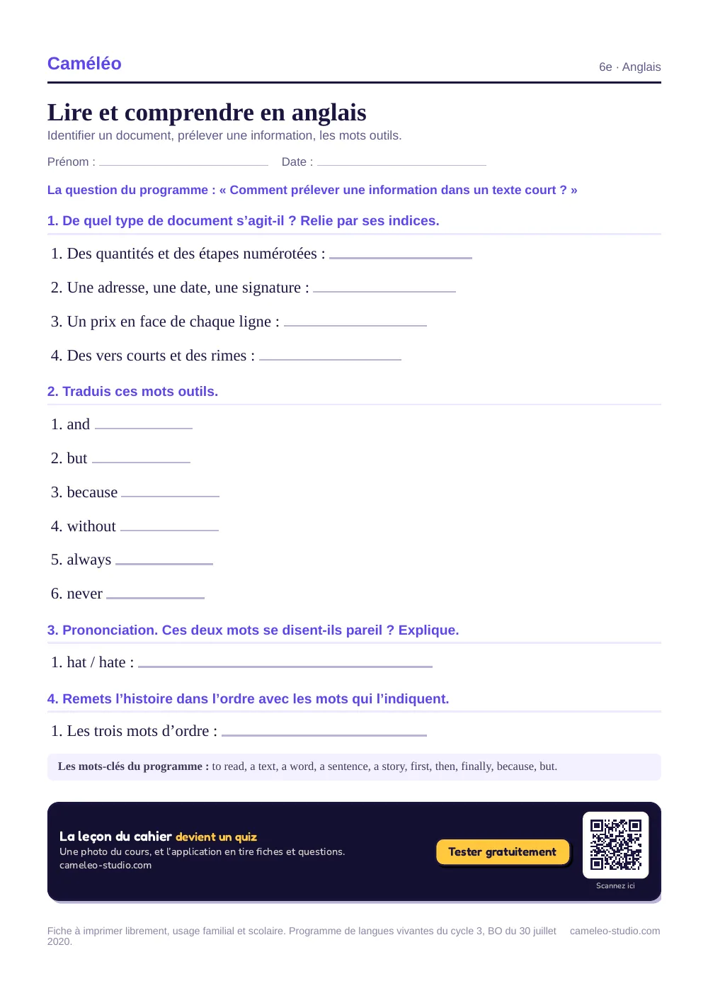 Exercices à imprimer : Lire et comprendre en anglais, 6e