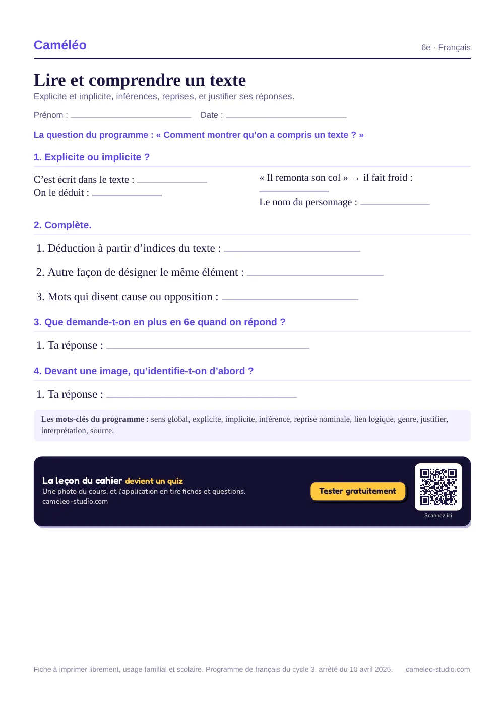 Exercices à imprimer : Lire et comprendre un texte, 6e