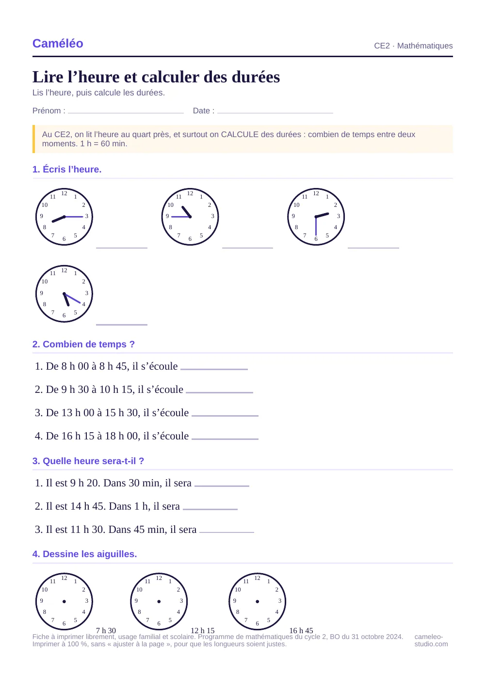 Exercices à imprimer : Lire l’heure et calculer des durées, CE2
