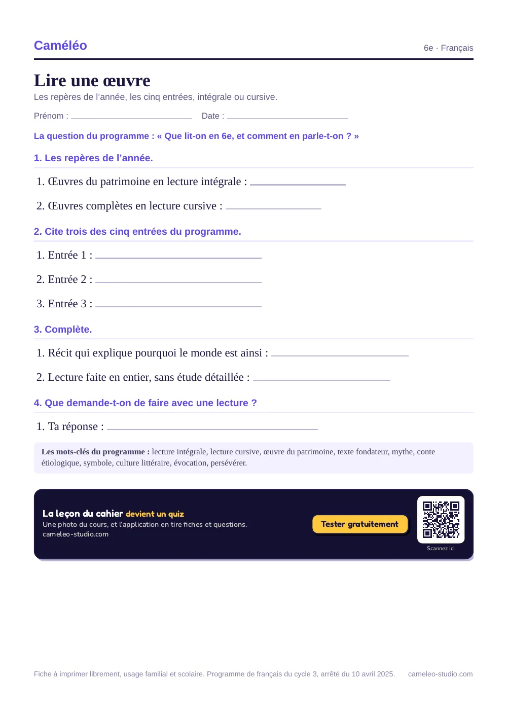 Exercices à imprimer : Lire une œuvre, 6e