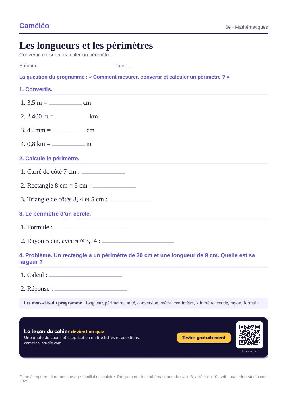 Exercices à imprimer : Les longueurs et les périmètres, 6e