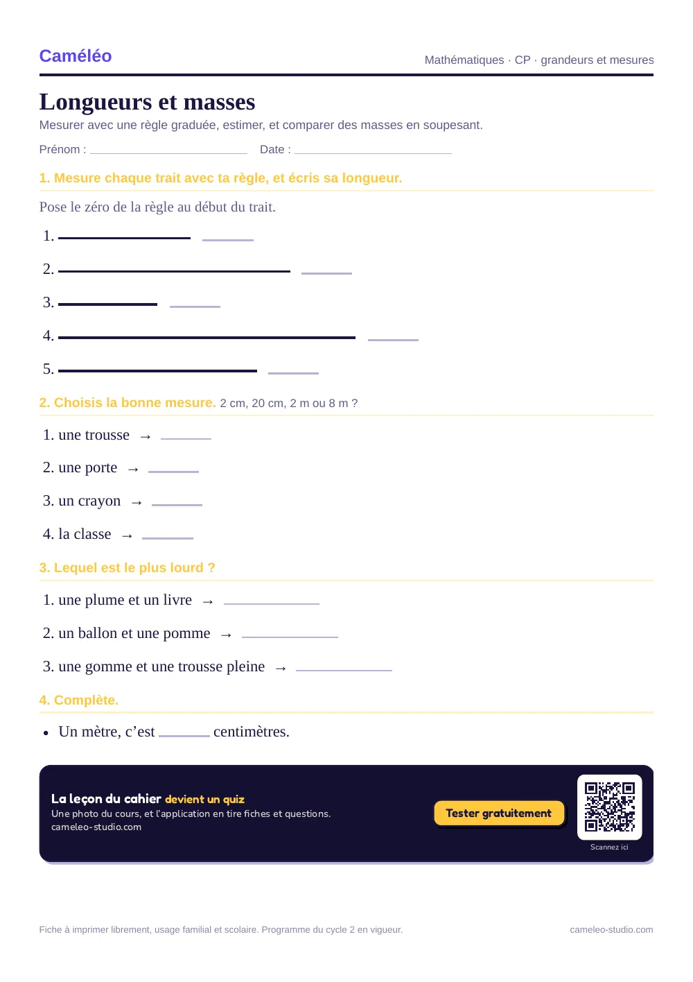 Exercices à imprimer : Longueurs et masses, CP