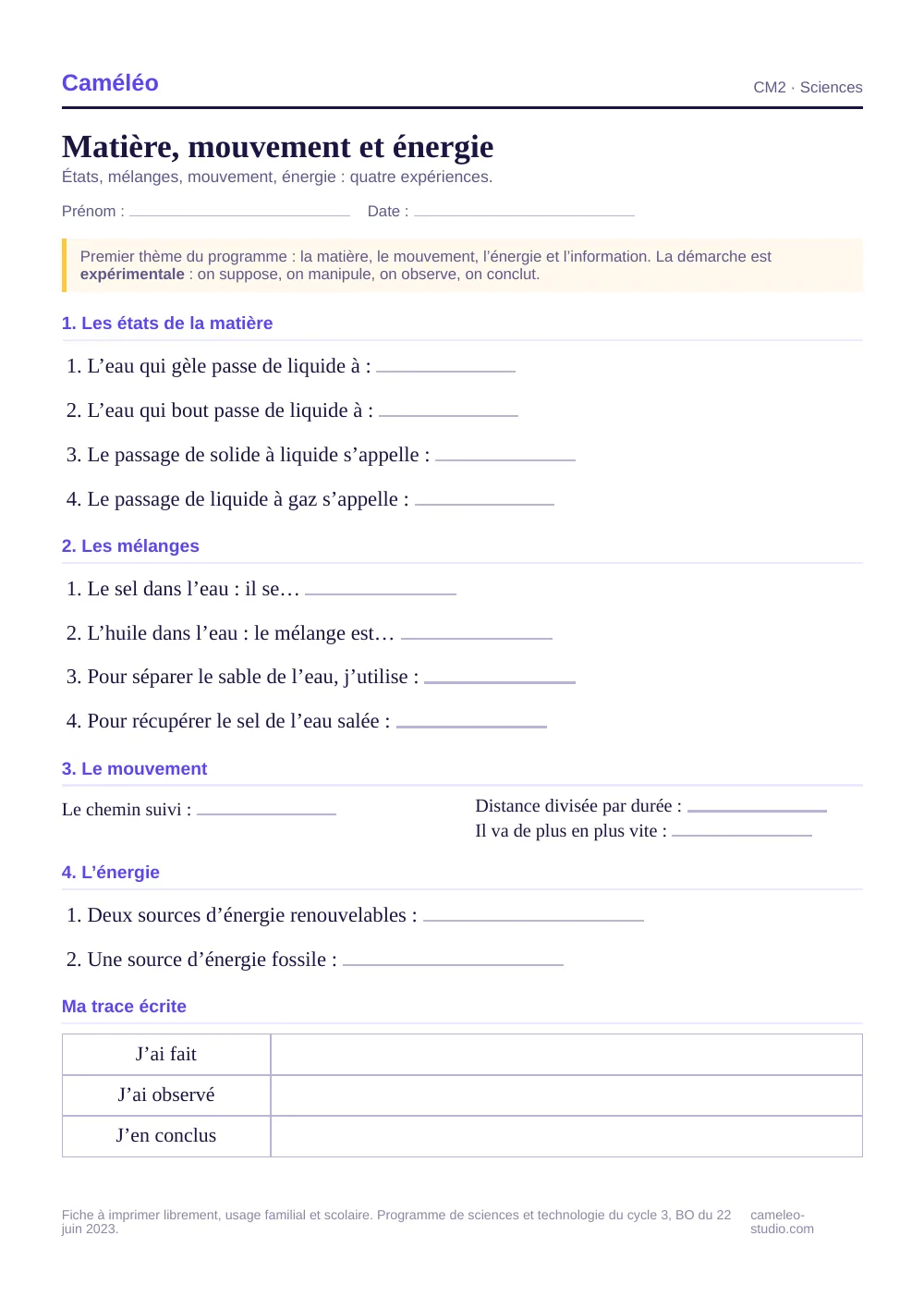 Exercices à imprimer : Matière, mouvement et énergie, CM2