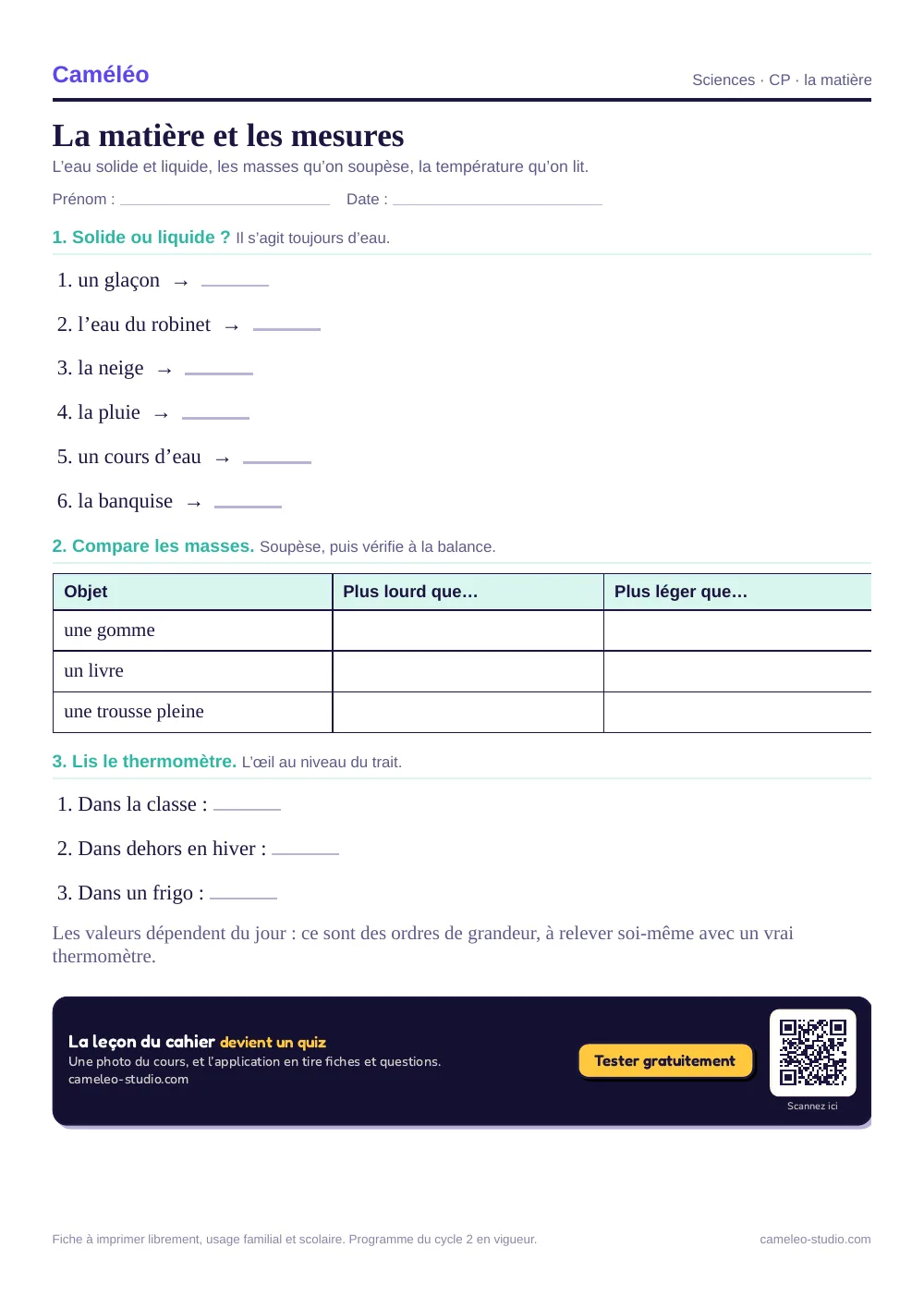 Exercices à imprimer : La matière et les mesures, CP