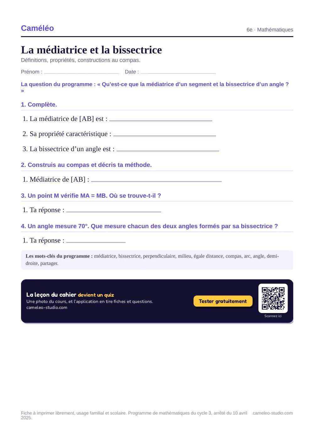 Exercices à imprimer : La médiatrice et la bissectrice, 6e