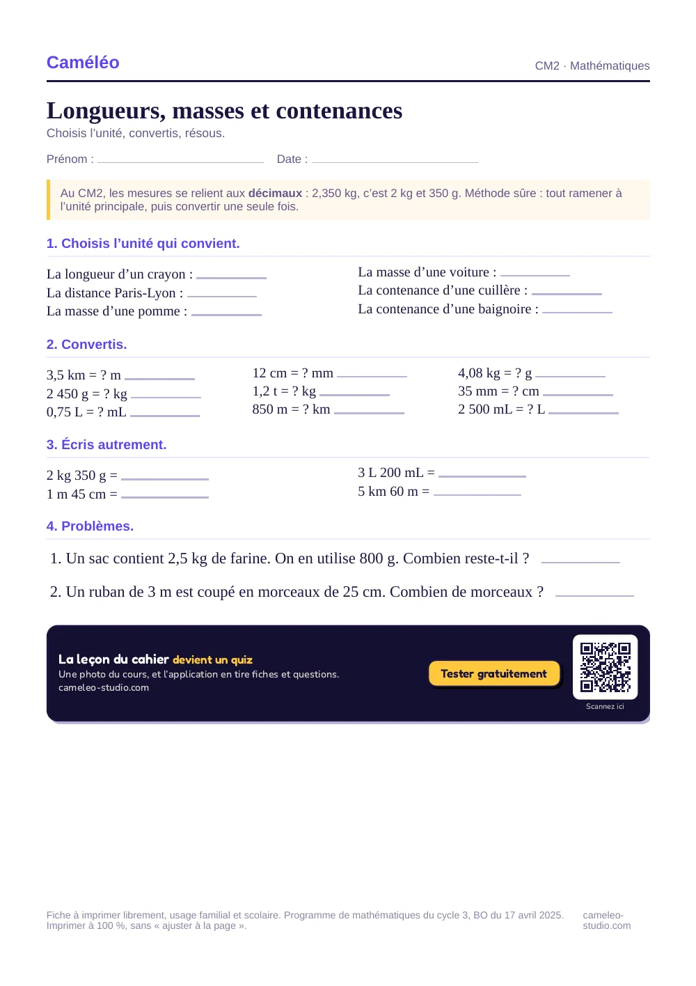 Exercices à imprimer : Longueurs, masses et contenances, CM2