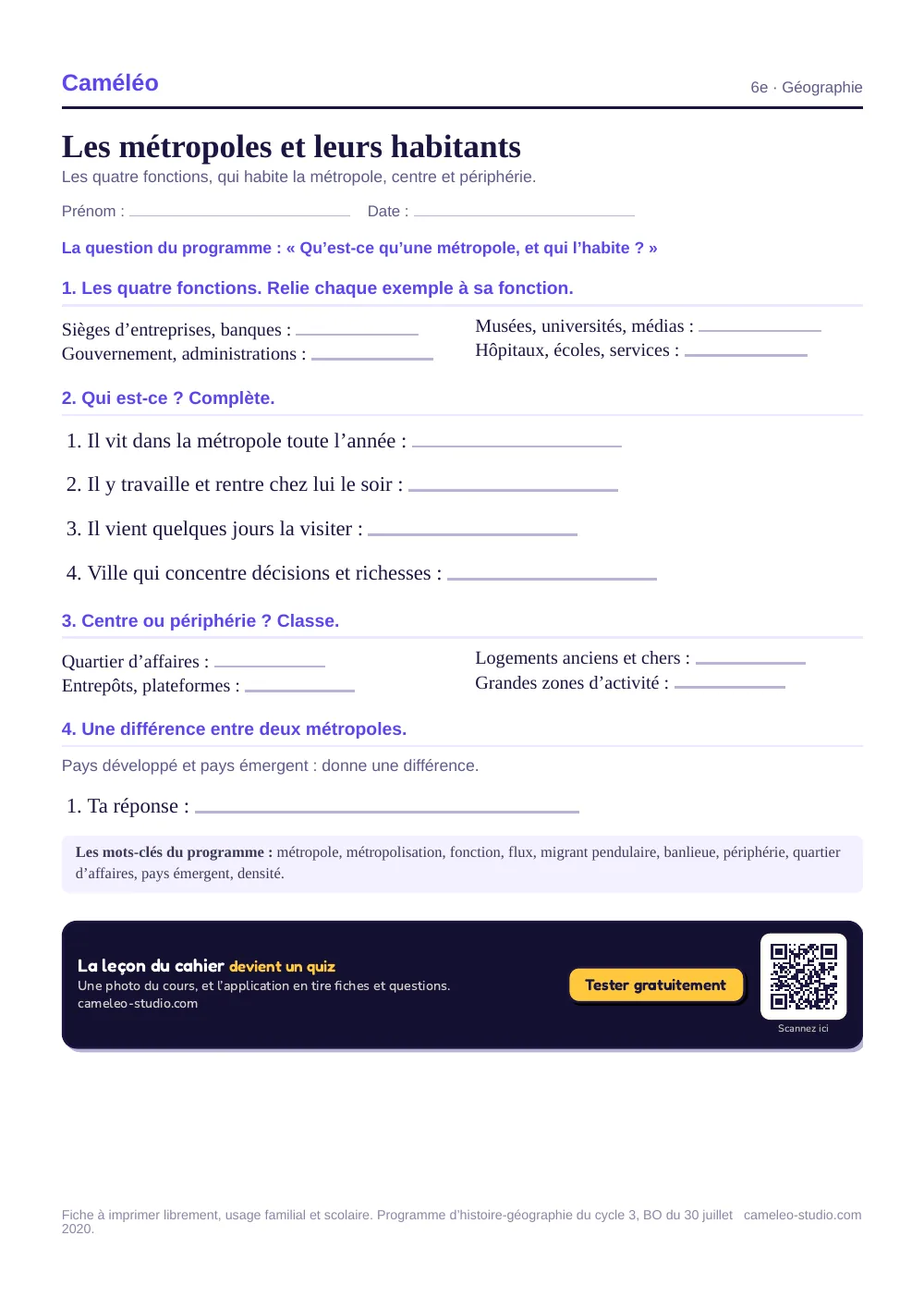 Exercices à imprimer : Les métropoles et leurs habitants, 6e