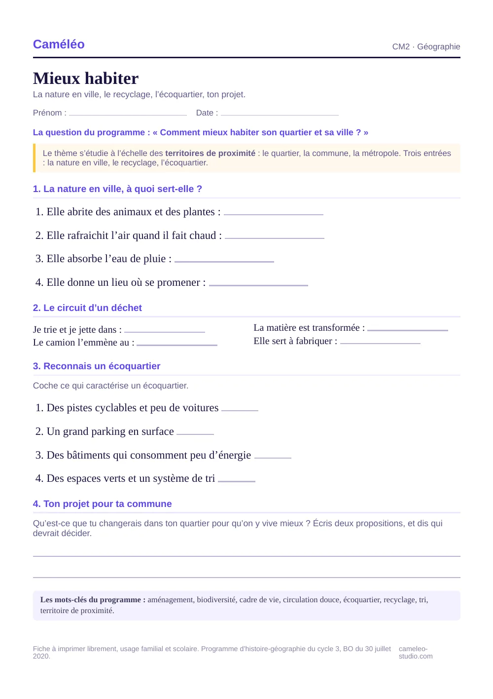 Exercices à imprimer : Mieux habiter au CM2