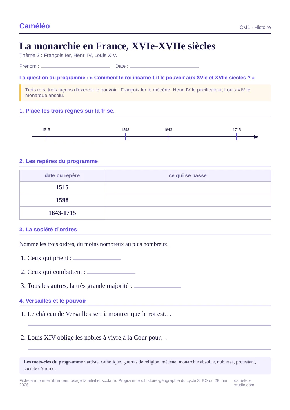 Exercices à imprimer : La monarchie en France, XVIe-XVIIe siècles, CM1