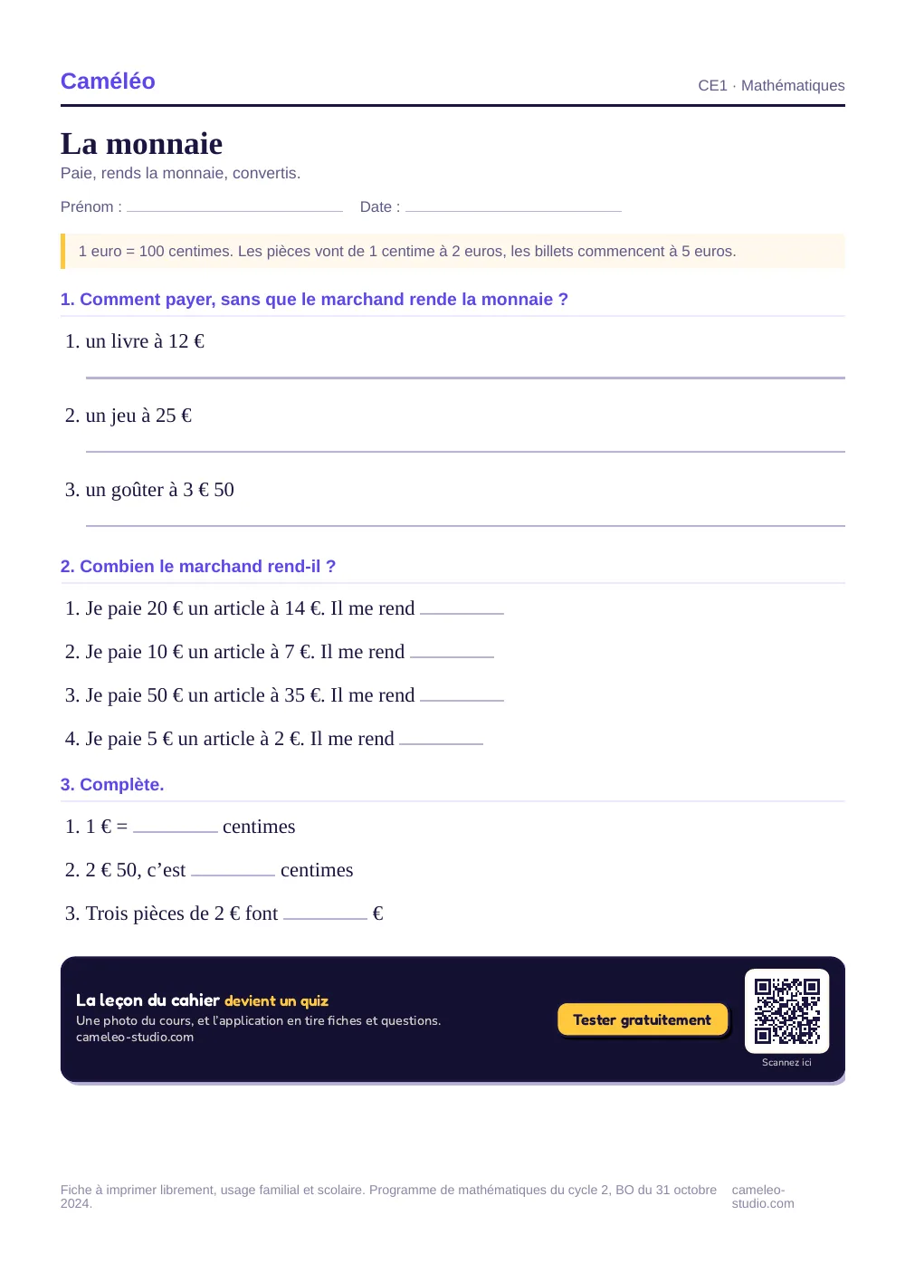 Exercices à imprimer : La monnaie au CE1