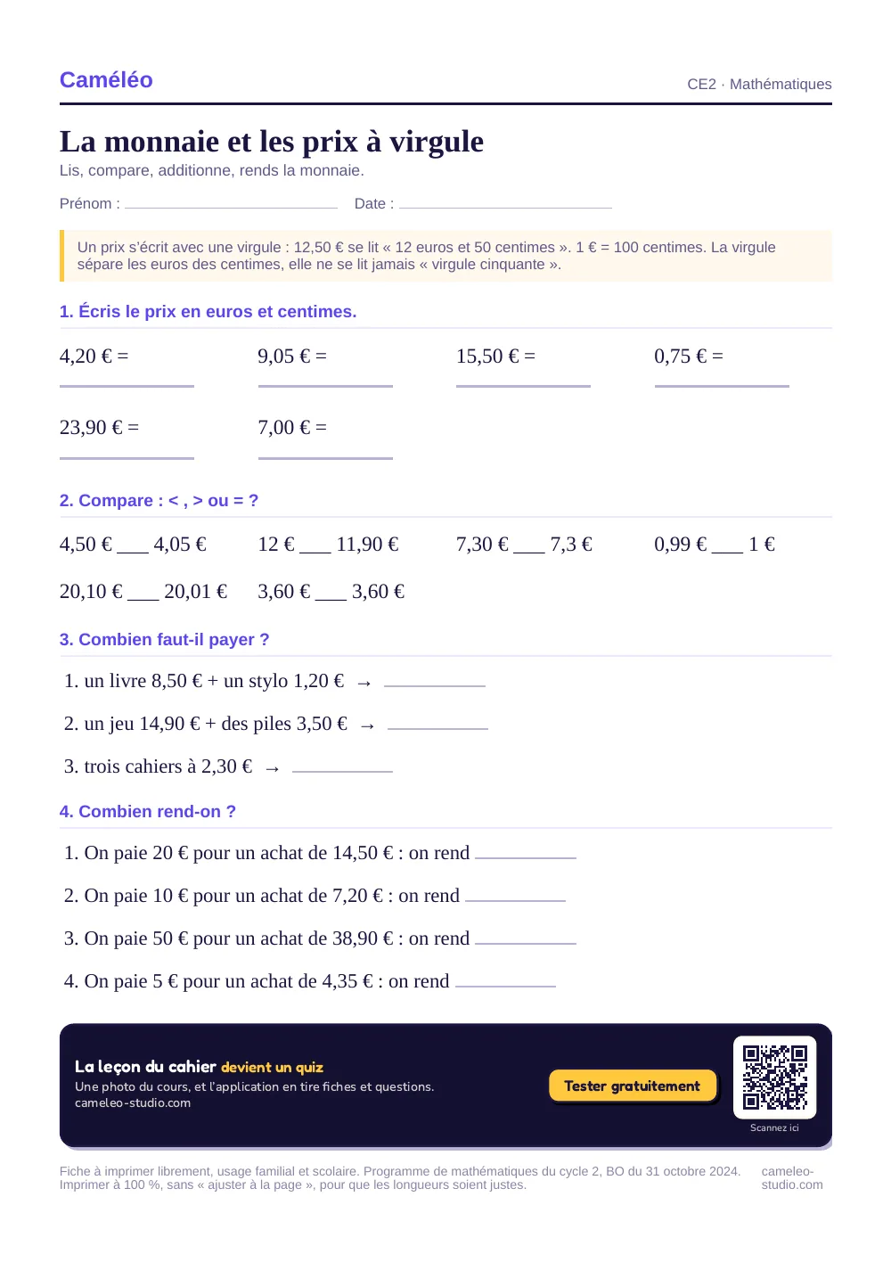 Exercices à imprimer : La monnaie et les prix à virgule, CE2