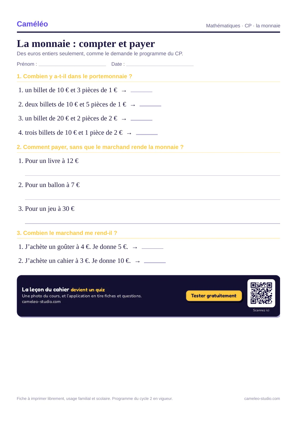 Exercices à imprimer : La monnaie : compter et payer, CP