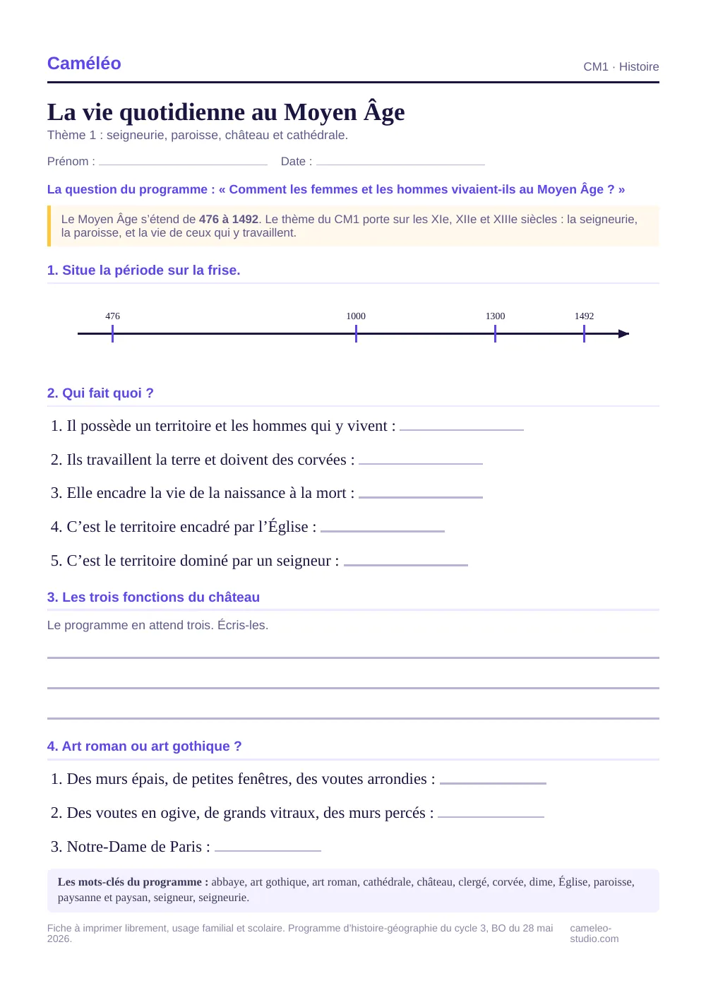 Exercices à imprimer : La vie quotidienne au Moyen Âge, CM1